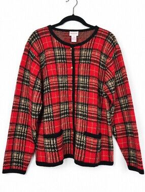 Vintage 90s Crystal-Kobe L Plaid Cardigan Gold Buttons Preppy Academia Holiday